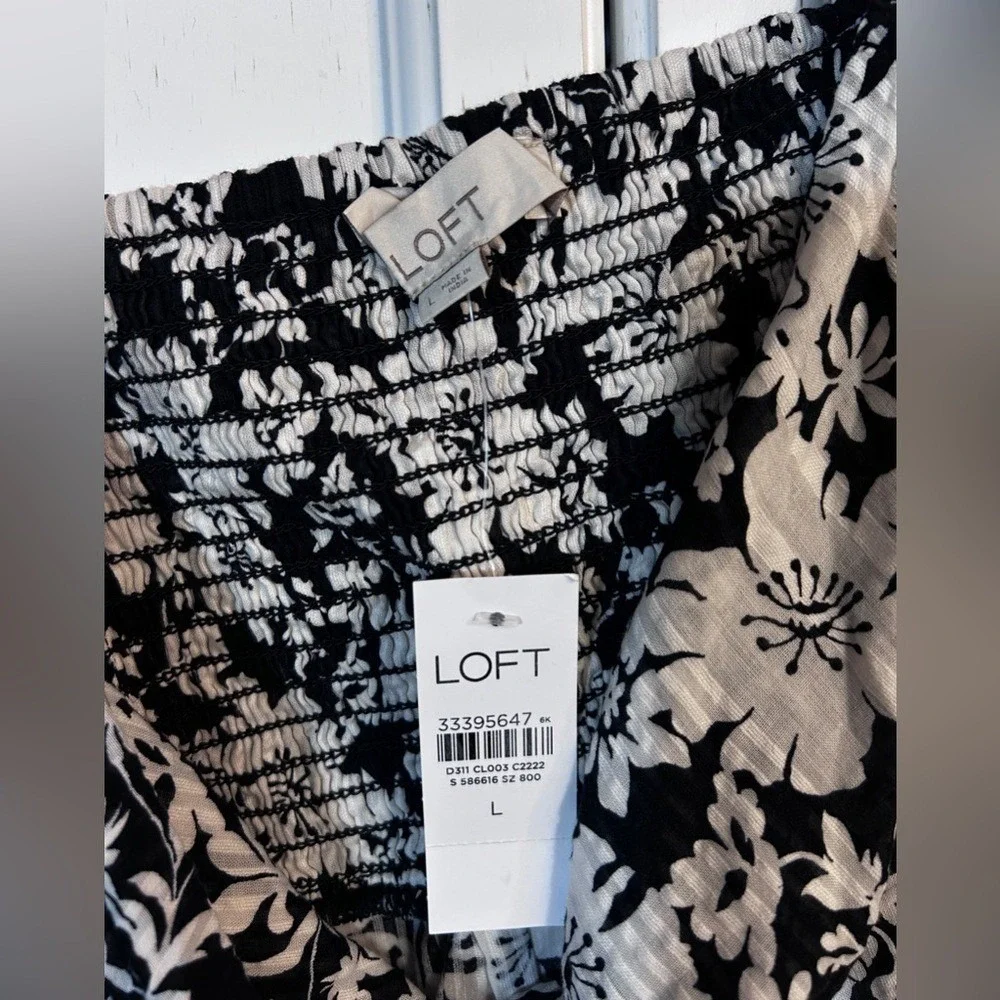 LOFT Floral Puff‎ Sleeve Top Black White Smocked Back Square Neck Blouse Large